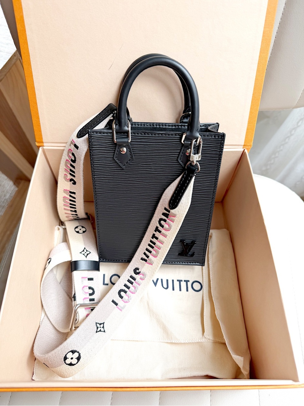 Louis Vuitton Petit Sac Plat Epi Leather Logo Jacquard Strap crossbody bag black